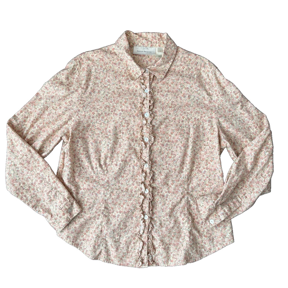 Vintage Susan Bristol Button Up Shirt Women's Large Pink Cream Floral Ruffle